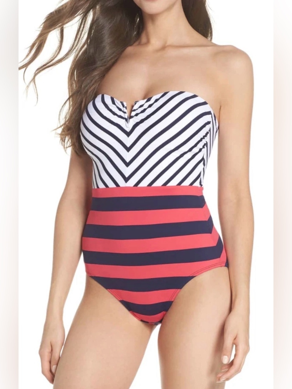 Tommy Bahama Channel Surfing Strapless One-Piece Swimsuit Size 8 Coral Red, Navy